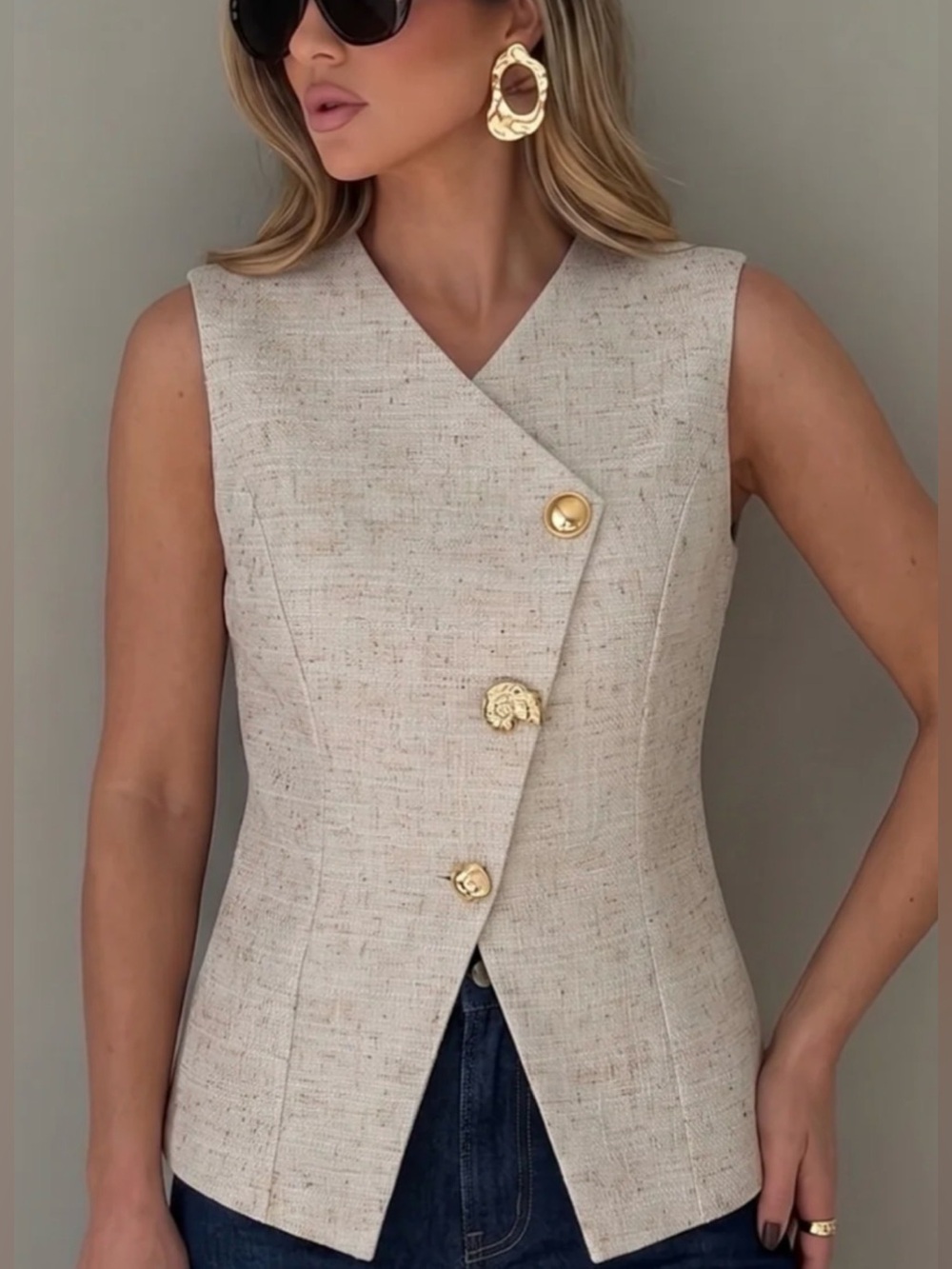 Commense Textured Asymmetric Buttoned Vest